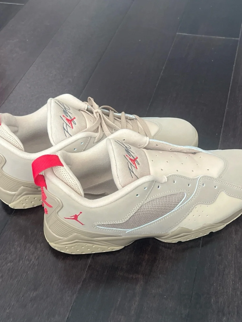 Jordan Men’s Taupe Sneakers with Red Pull-Tab Accents